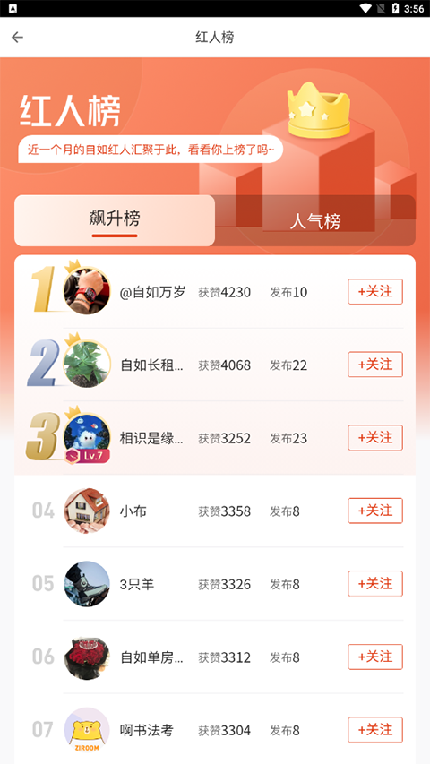 红人榜界面